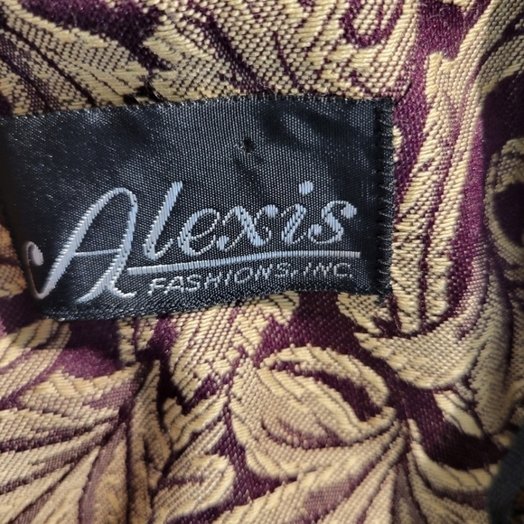 Vintage 80s Alexis Maroon & Gold Brocade Long Sleeved Blouson Dress - Picture 7 of 7